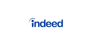 Logo of "Indeed" with stylized blue letters on a white background.