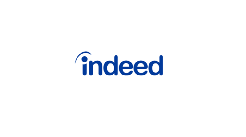 Logo of "Indeed" with stylized blue letters on a white background.